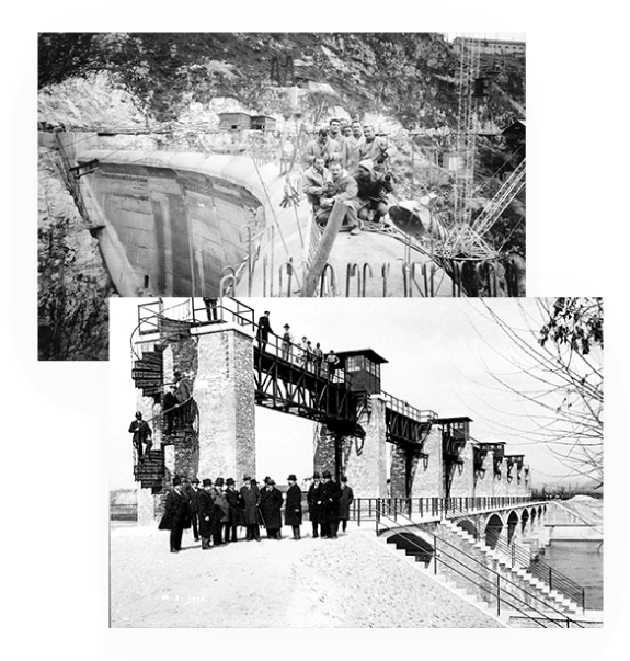 Insieme di immagini storiche raffiguranti operai sul fiume Adige