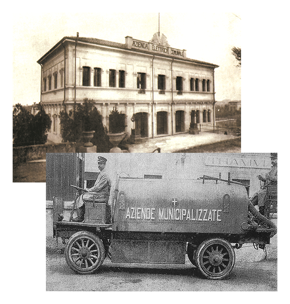 Insieme di foto storiche raffigurante palazzo e mezzi di azienda elettrica comunale a Verona